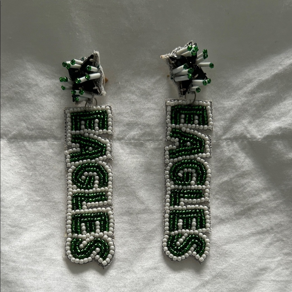 Green and White Beaded Earrings